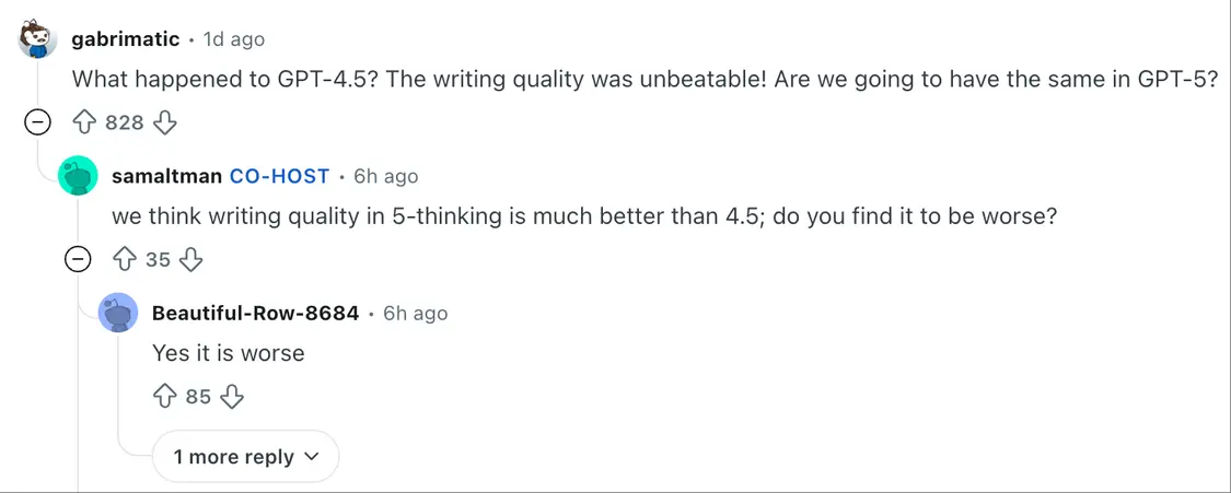 一些用戶認為GPT-5寫作更差